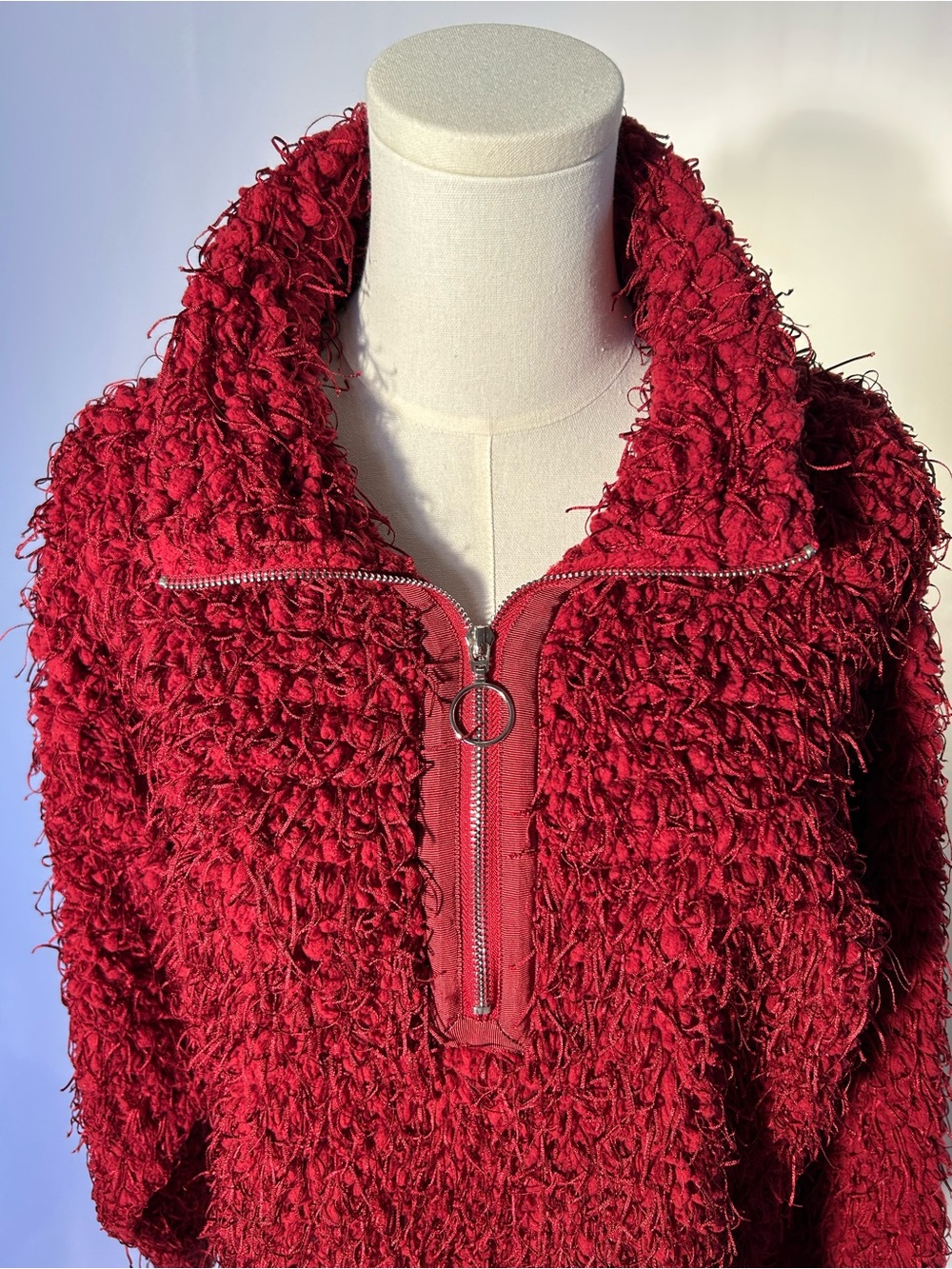 Cozy Quarter-Zip Teddy Jacket Skye's the Limit Wine Red Textured Soft Fuzzy Knit